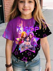 1件装少女休闲舒适韩流女团卡通印花短袖圆领T恤，宽松版型，适合所有季节（春、夏、秋、冬），是送给女孩的绝佳礼物，夏季上衣，女童图案T恤，派对上衣 - 彩色 - 查看 3