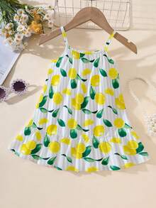 SHEIN 1 chiếc đầm không tay in hình chanh cho bé gái 4-7 tuổi, chất liệu nhẹ, màu sắc tươi tắn và dễ thương, phù hợp cho kỳ nghỉ biển/mặc thường ngày, mùa hè. - Nhiều màu - Xem 4