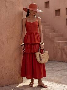 Zivah 2026春夏新款音乐节、复活节、圣帕特里克节、情人节、约会、西部风、游牧风、生日派对、毕业典礼、学院风、学生装、日常穿着、百搭基础款、休闲装、度假、邮轮旅行、海滩、日光浴、爆款、街头风、婚礼宾客波西米亚风、通勤、早午餐、机场、派对、假日郊游、办公室穿着无袖多层印花A字长裙，亚麻面料，红棕色酒红色长裙女装层叠连衣裙女士连衣裙红色连衣裙 - 棕色 - 查看 4