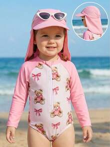 SHEIN Baby Girl Bear Pattern Color Block Long Sleeve Rash Guard Swimsuit With Hat Set, Long Sleeve Swimwear For Baby Girls, Suitable For Summer, Beach, Swimming - Pink - View 5