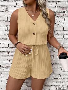 EMERY ROSE Plus Size Women V-Neck Solid Color Casual Everyday Romper - Brown - View 6
