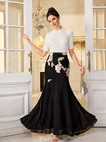 Modelyn Chân váy đuôi cá bằng vải lưới thêu thanh lịch dành cho nữ - màu đen - Xem 6