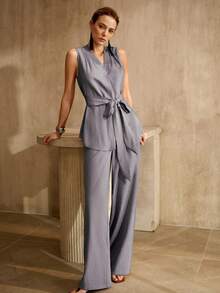 MOTF PREMIUM SPRING & SUMMER COMMUTING FASHIONABLE VINTAGE LACE-UP V-NECK SLEEVELESS VEST SUIT WITH WIDE-LEG PANTS, 2-PIECES SET FOR WOMEN - Grey - View 7