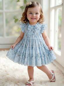 SHEIN 女婴时尚休闲碎花蝴蝶结装饰蛋糕裙，适合春、夏、秋季、居家、度假、节日、派对、日常穿着 - 藍色 - 查看 3