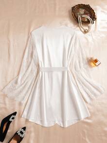 SHEIN Women's Elegant Solid Color Lace Patchwork Sleepwear Robe - White - View 2