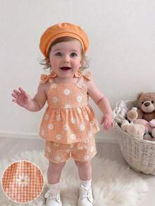SHEIN 2pcs Baby Girl Toddler/Newborn 0-3Y Casual Everyday Cute Vacation Striped Bow Decor Camisole Top + Shorts Set, Spring/Summer - Orange - View 1