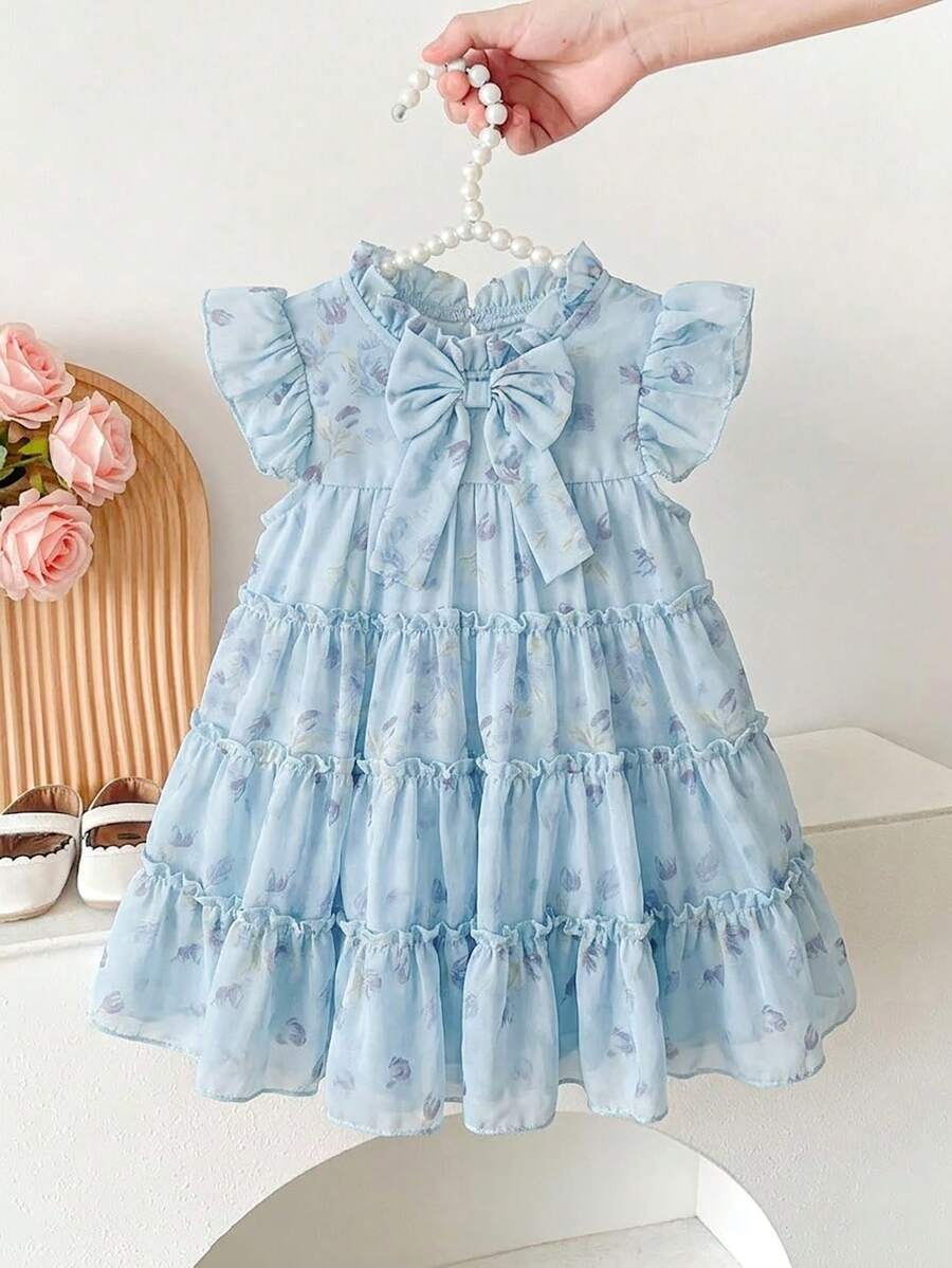 SHEIN 女婴时尚休闲碎花蝴蝶结装饰蛋糕裙，适合春、夏、秋季、居家、度假、节日、派对、日常穿着 - 藍色 - 查看 1