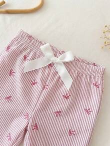 Baby Girls' Cute Minimalist Bow Striped Print Casual Pants, Suitable For Outdoor Spring/Autumn - Pink - View 3