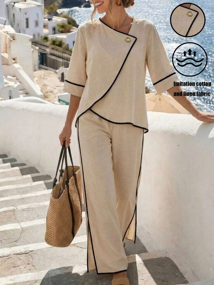 SHEIN Holidaya 女士两件套：斜领插肩袖上衣，饰以木质纽扣，不对称下摆；高腰阔腿裤，饰以撞色滚边；采用秋季亚麻质感梭织面料；休闲宽松版型