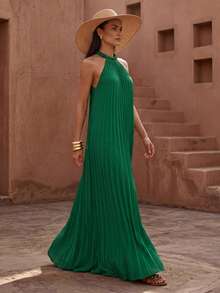 Zivah 2025春季新音乐节、复活节、西部风、游牧风、生日派对、毕业季、学院风、极简主义、街头时尚侧开衩口袋、飘逸的吊带编织绳装饰、褶皱装饰、编织纹理面料A字型长款连衣裙，女士裹身连衣裙，绿色女士谈话连衣裙，敬拜连衣裙，惊艳连衣裙 - 綠色 - 查看 5