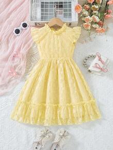 Elladie kids Blue Butterfly,Summer,Flower Girl Spring Dress For Young Girls,Rose Beige Lace Floral Fabric,Flutter Sleeves,Ruffle Hem,Chic Formal Elegant Outfit - Yellow - View 5