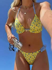 Bộ bikini tam giác 2 mảnh họa tiết hoa nhiệt đới dành cho nữ của Swim Vcay, kèm mặt dây chuyền, kiểu dáng thanh lịch, lãng mạn, thoải mái, thích hợp cho kỳ nghỉ biển. - Nhiều màu - Xem 1