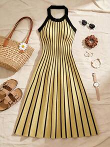 Franclia 女士条纹吊带优雅束腰针织连衣裙，适合派对和旅行穿着。 - 鵝黃色 - 查看 6