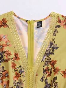 GlowEve 女士印花V领短袖拼接蕾丝连衣裙 - 黃色 - 查看 3