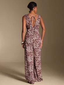 Swim Chiccia Women's All-Over Print Twist Waist Casual Jumpsuit Pants For Daily Wear - Coffee Brown - View 2