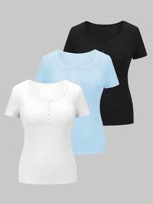 INAWLY 3 buah Kaos Wanita Lengan Pendek Kasual Sehari-hari dengan Lipit dan Potongan Pas Badan Warna Polos - MultiWarna - View 7