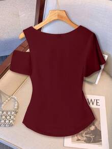 GlowEve CURVE Áo thun ngắn tay nữ cỡ lớn kiểu dáng thường ngày thắt nơ phối màu tương phản - Màu Đỏ Sâu - Xem 2
