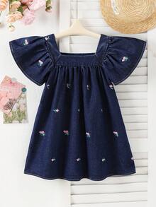 Elladie kids 少女休闲优雅牛仔连衣裙，柔美花卉图案设计，泡泡袖 - 深色水洗藍 - 查看 4