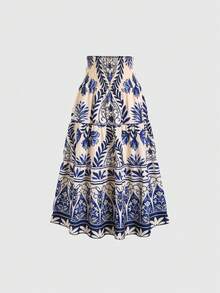 Sweetra Damkjol med lös midja och växtmönster för semestern - Marinblå - Visa 2