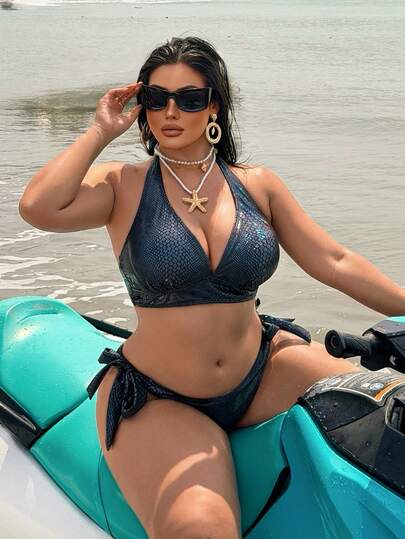 Swim Vcay Bộ bikini mùa hè kiểu yếm cổ buộc dây thời trang dành cho nữ cỡ lớn, chất liệu giả da cá sấu.