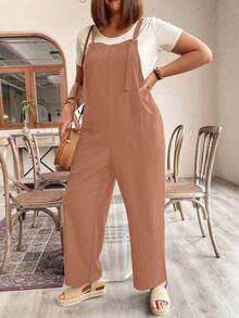 Breezaya Plus Size Women Solid Color Pocket Casual Everyday Wear Bib Overall Pants - Pink - View 3