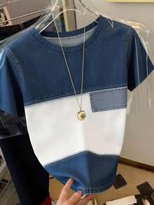 Resyla Women's Round Neck Color Block Casual Versatile Daily Wear Short Sleeve T-Shirt - Multicolor - View 4