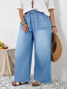 SHEIN Tall CURVE Quần jeans nữ cỡ lớn mùa hè và xuân, cạp chun, túi, ống rộng, dáng suông, thoải mái, co giãn, cạp chun đàn hồi. - Rửa trung bình - Xem 7