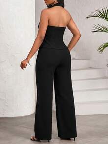 SHEIN Lady Conjunto casual de 2 piezas con top halter sin espalda con decoración metálica y pantalones de pierna ancha para mujer - Negro - Ver 2