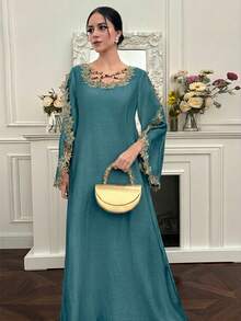 Yasmyna Women's Floral Embroidery Crossed Neck Ruffle Hem Long Sleeve Arabic Style Dress, Elegant For Parties And Formal Events - Blue - View 4