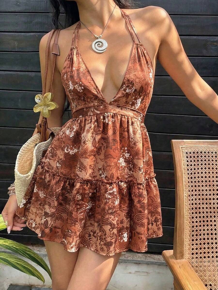 Sunnyshic Đầm nữ phong cách thường ngày, họa tiết paisley retro, hở lưng, dây buộc, cổ nơ, thích hợp cho kỳ nghỉ và đi chơi, mùa xuân/hè. - Màu Cam cháy - Xem 1