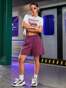 Streetz SHEIN Sport 纯色斜插口袋夏季弹力腰运动短裤 - 紫色 - 查看 3