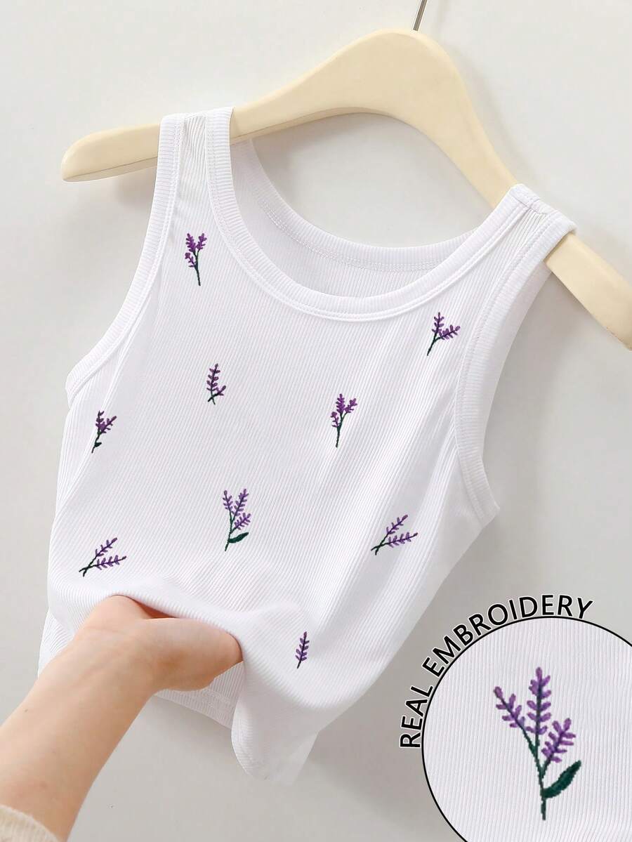 Resyla Lavender Pattern Embroidered Women's Round Neck Camisole - White - View 1
