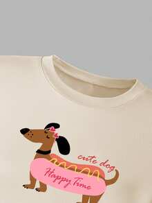 甜辣杏色修身女童T恤，可爱腊肠犬印花，短款设计，修身显瘦，青春活力，适合四季休闲穿着 - 彩色 - 查看 3