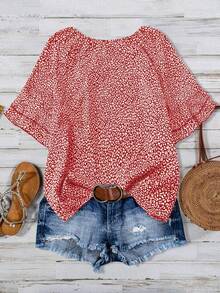 Linhara Plus Size Women Casual All-Over Print Round Neck Shirt, Versatile For Daily Wear - Red - View 2