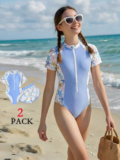 SHEIN Bộ đồ bơi 2 mảnh cho bé gái tuổi teen, gồm áo chống nắng dài tay và quần short, họa tiết sao biển ghép mảnh, thích hợp cho bãi biển, bơi lội, Hawaii.