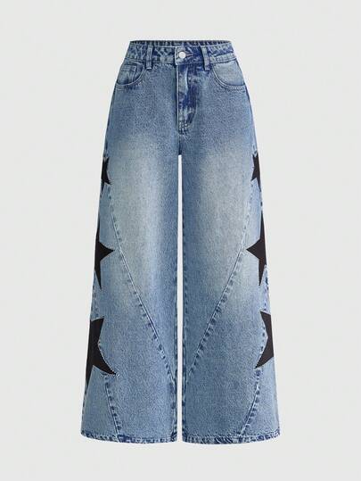 ROMWE Quần jeans nữ Y2K Baddie Music Festival họa tiết ngôi sao năm cánh phối hợp kiểu vintage, chất liệu vải mài, đính đinh tán.