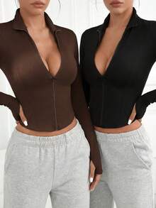 Dewbera Dewbera 2pcs Black & Coffee Seamless High Stretch Zip-Up Jacket Set - Multicolor - View 6