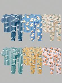 SHEIN [Bộ 6 món, giao ngẫu nhiên 2 món] Bộ đồ ngủ bé trai, hàng mới về mùa xuân/hè, các họa tiết thời trang bán chạy bao gồm cá mập, sao biển, rùa, hà mã, chất liệu vải dệt kim co giãn cao, tay ngắn và quần dài, bộ 2 áo + 2 quần (giao ngẫu nhiên) - Nhiều màu - Xem 2