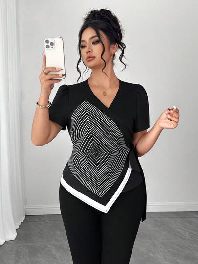 Elenzga 女士加大码V领短袖系腰宽松直筒休闲衬衫，印花梭织面料，舒适时尚，适合春夏穿着，日常、工作、度假皆宜。