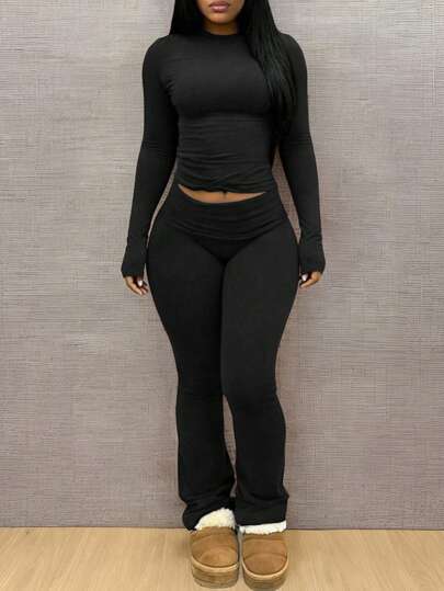 INAWLY Solva 2 piezas Conjunto de camiseta de manga larga corta y pantalones acampanados de unicolor simple para uso casual y diario de mujer, primavera/otoño