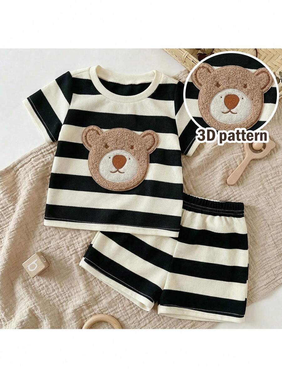 Loomiva 2pcs/Set Baby Boy Girl Summer Casual Cute Black And White Striped Bear Print Short Sleeve T-Shirt And Shorts Set,Family Matching Outfits For Kids - Multicolor - View 1