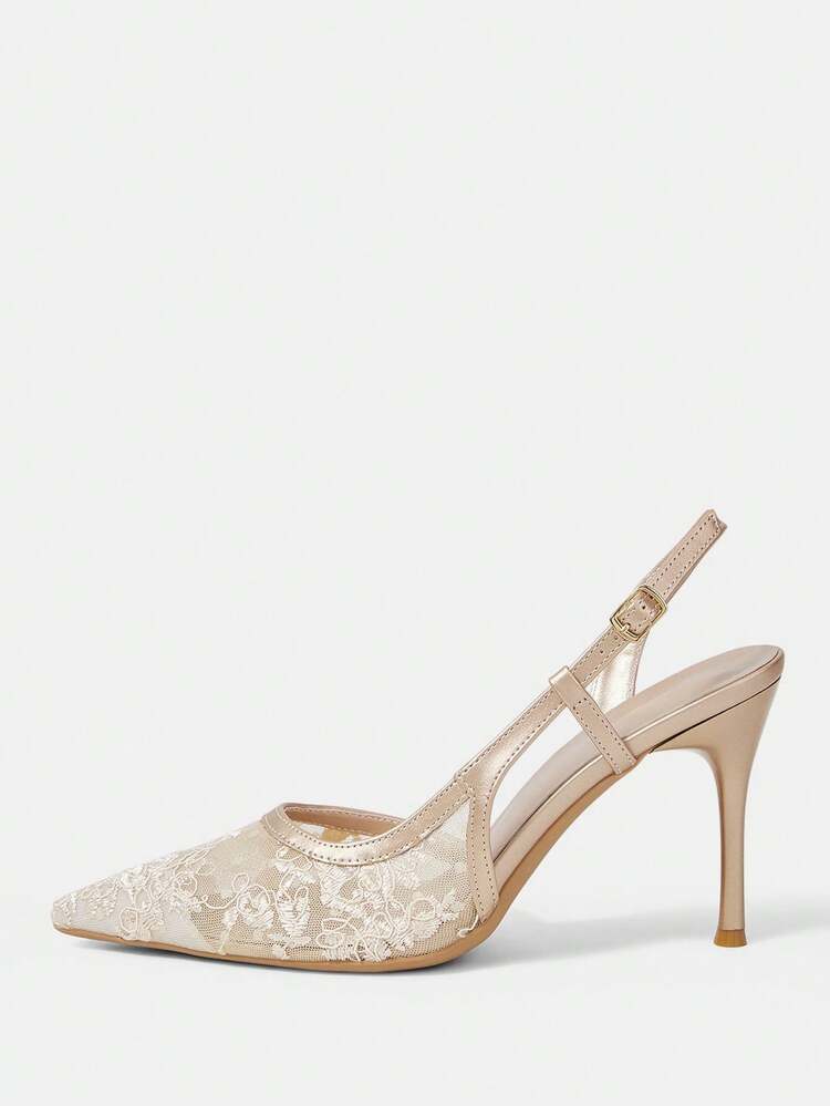 CUCCOO HITCHD Women Shoes Pointed Stiletto Champagne Mesh Lace Simple Slingback Women's Slingback Shoes Wedding Party Banquet Simple Fashion Sexy Women's High Heel Shoes Women's Shoes Wedding Shoes Summer Shoes Bride Shoes