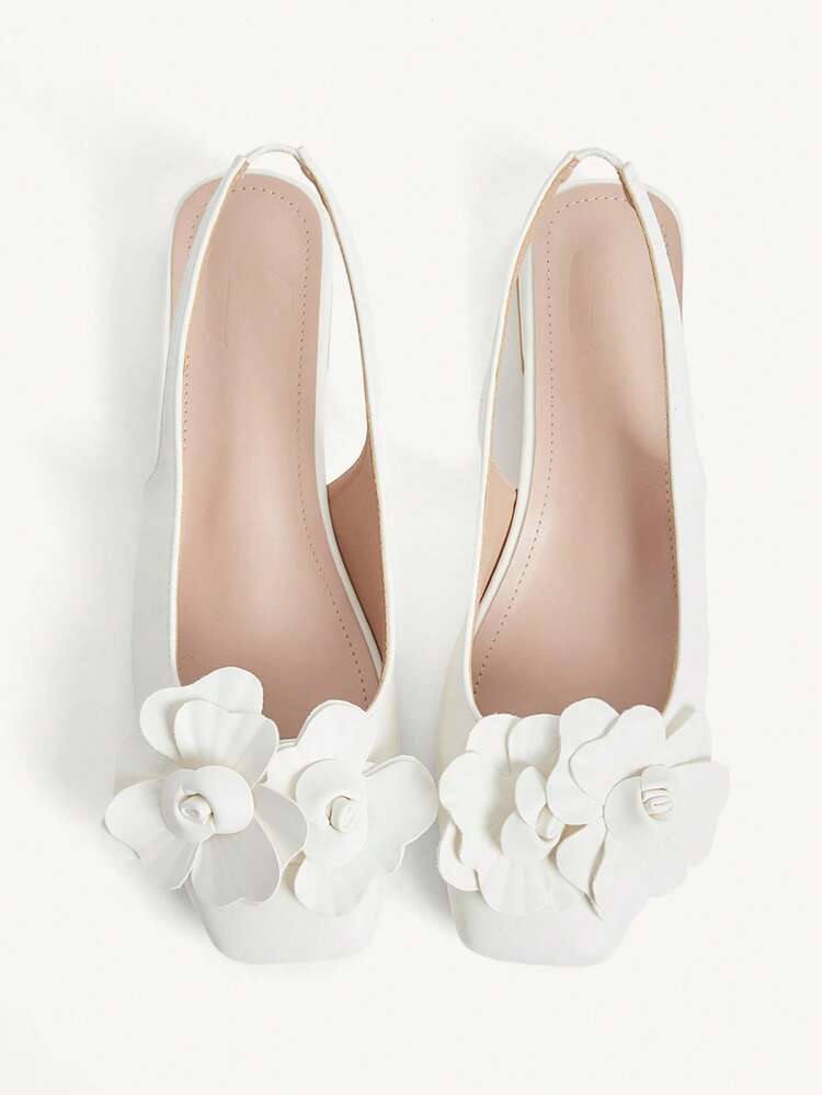 CUCCOO CHICEST Women Shoes Fashionable White Three-Dimensional Flower Back Strap Low Heel Square Toe Commuting Versatile Elegant Party Vacation Women Flat Shoes Slingback Shoes