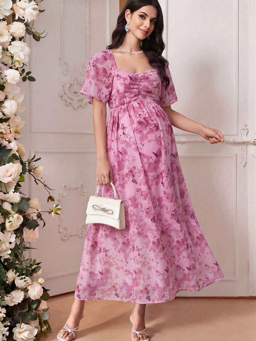 SHEIN 女士孕妇蝴蝶印花荷叶边领优雅连衣裙 - 淺粉色 - 查看 1