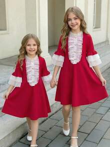 SHEIN Đầm ren phối lưới tương phản thanh lịch cho bé gái tuổi teen với viền bèo nhún. - Đỏ - Xem 7