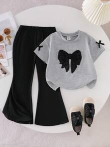 Elladie kids Girls (Small) Gray Short Sleeve Bow T-Shirt Top And Black Flare Pants Set, Casual Daily Fashion Outfit For Summer Squishy Summer Outfits Girls 2 Piece Trouser Set Young Girls Clothing Sets Girls Flared Pants Sets Childrens Fashion Set Girls Bow Top And Pants Set Toddler Girl Two Piece Outfit Kids Flared Pants Outfit Girls T-Shirt And Pants Girls Pant Sets Girls Bow Top And Flared Pants Girls T-Shirt And Pant Sets - Grey - View 3