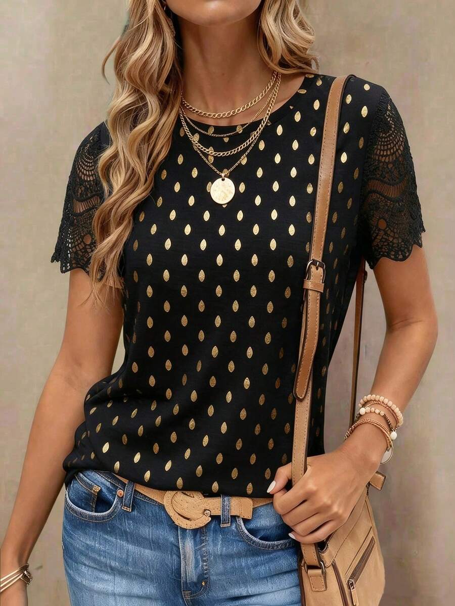 EMERY ROSE Polka Dot Digital Print Lace Sleeve Crafted Minimalist Round Neck Short Sleeve T-Shirt, A Gift For Friends - Black - View 1