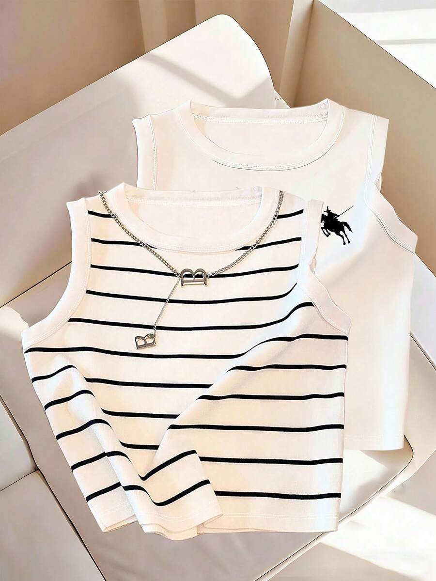 SHEIN LUNE Áo hai dây dáng rộng, tối giản với họa tiết kẻ sọc và màu trắng trơn, tạo nên phom dáng tôn dáng. - Đen và trắng - Xem 1