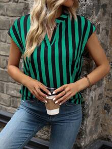 EMERY ROSE Camisa casual de manga corta con cuello en pico y estampado de rayas, para verano - Verde - Ver 5