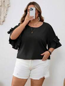 SHEIN CURVE+ Curve 尺码 US22 音乐节、海滨度假、波西米亚风女士蝴蝶结装饰圆领紫红色衬衫，夏季 - 黑色 - 查看 8